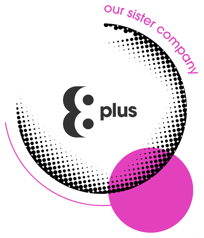 Eight Plus logo situation within a circular halftone roundel with the words "our sister company" around the edge